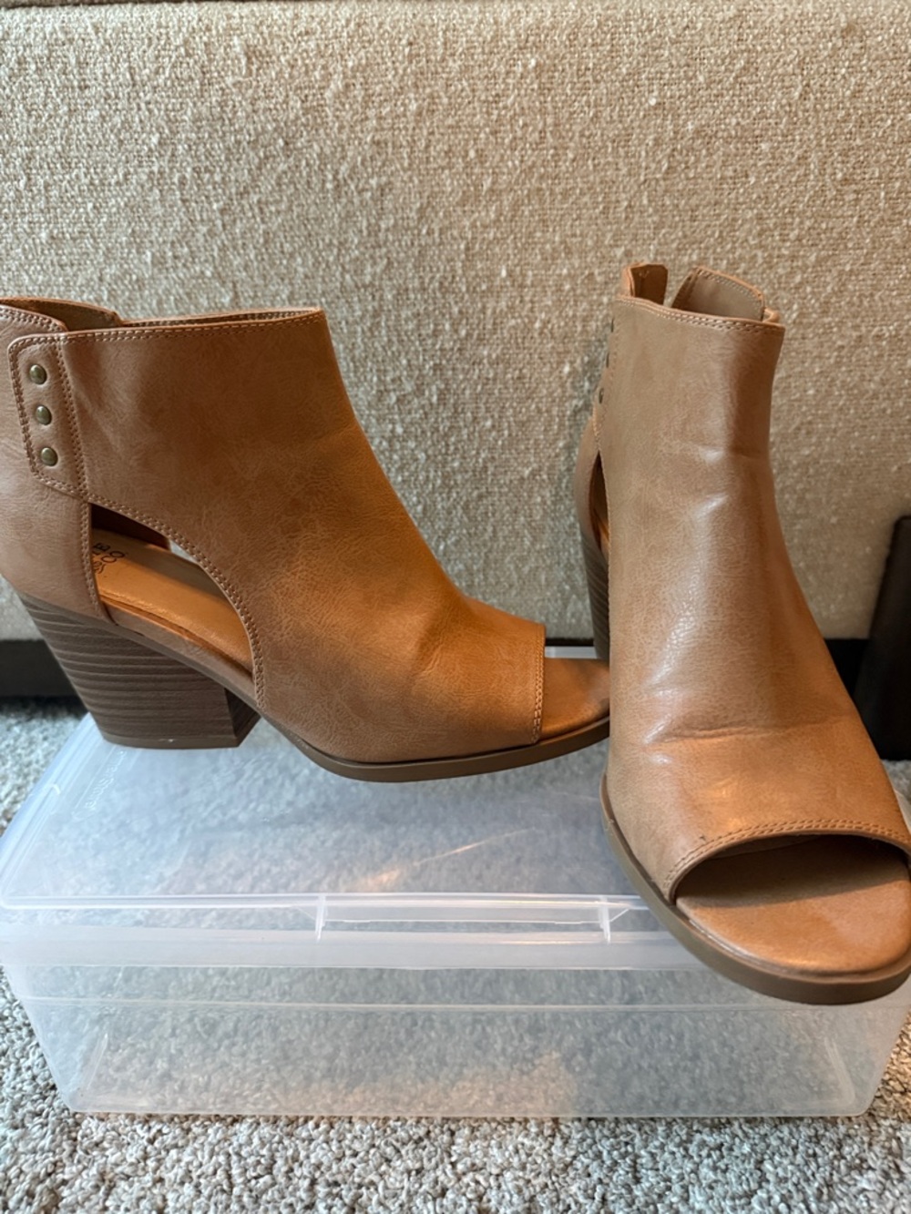 Women’s Tan Open-Toe Block Heel Booties